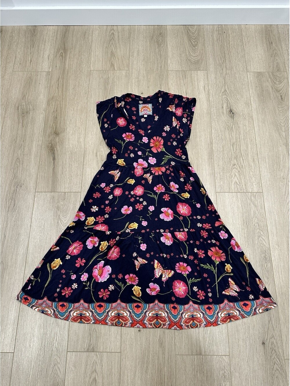 Johnny Was Dress Size XS Boho Floral Tiered Midi V-Neck Bamboo Knit